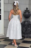 Satin Floral Jacquard Prom Dress for Women Strapless Corset Tea Length Formal Cocktail Evening Gowns
