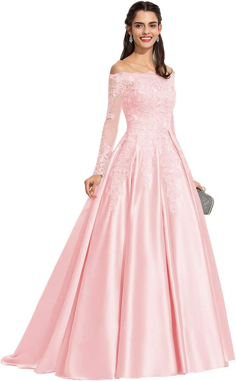 Vestidos de fiesta formales de satén con apliques de encaje y hombros descubiertos para mujer, con mangas largas