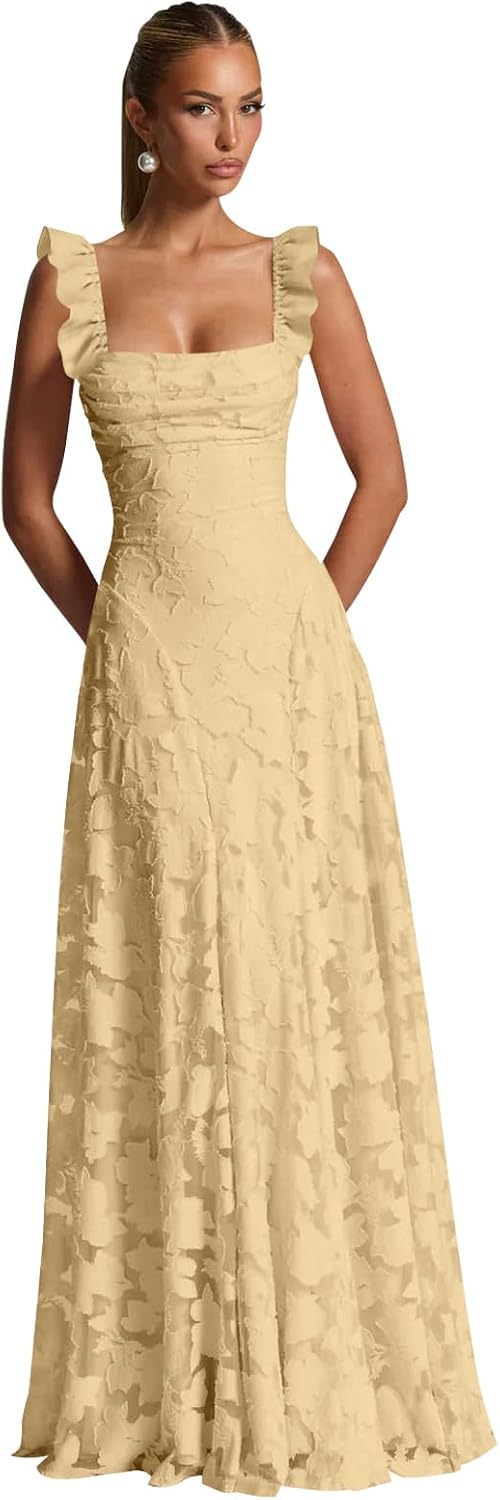 Ruched Jacquard Prom Dresses for Women Teens Ruffle Strap Floral Maxi Formal Dress Evening Gown