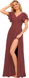 V Neck Bridesmaid Dresses for Women with Slit 2025 Flutter Sleeve Chiffon Pleats Formal Dress with Pockets