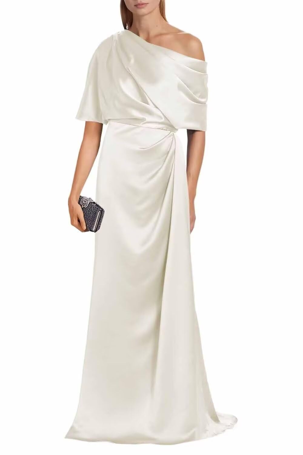 Satin Mother of The Bride Dresses for Wedding One Shoulder Formal Dress with Sleeves Mermaid Evening Party Gowns