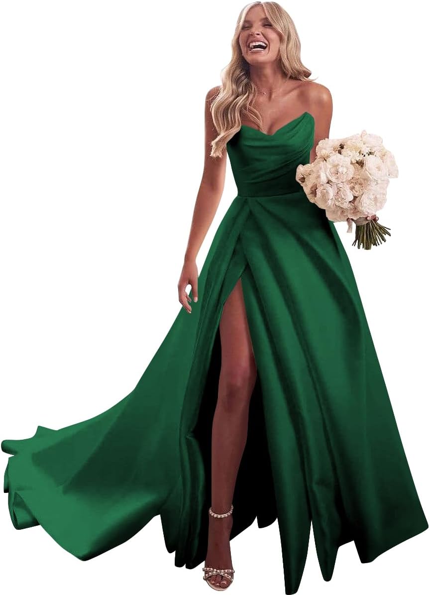 Strapless Satin Prom Wedding Dresses with Slit Long Pleats Formal Ball Bridal Gowns with Pockets