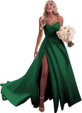 Strapless Satin Prom Wedding Dresses with Slit Long Pleats Formal Ball Bridal Gowns with Pockets