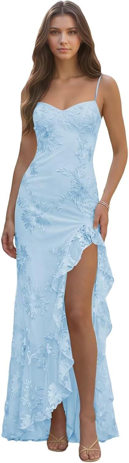 Spaghetti Straps Floral Embroidery Mermaid Prom Dress 2026 Long Corset Formal Evening Gowns with Ruffle Slit