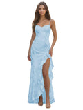 Spaghetti Straps Floral Embroidery Mermaid Prom Dress 2026 Long Corset Formal Evening Gowns with Ruffle Slit