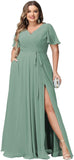 Plus Size Bridesmaid Dresses with Pockets V Neck Chiffon Flutter Sleeves Formal Evening Gowns with Slit