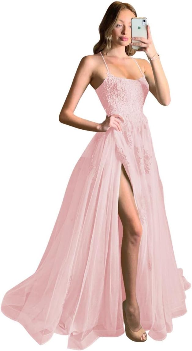 Women's Lace Criss-Cross Prom Dresses with Slit Spaghetti Straps Long Formal Evening Gowns