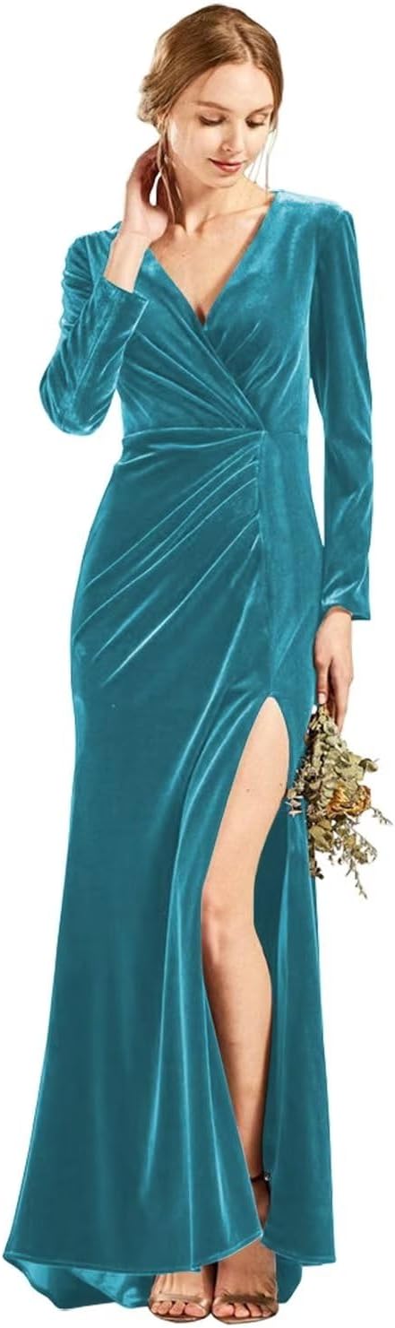 Langärmliges Brautjungfernkleid aus Samt mit Schlitz, V-Ausschnitt, Meerjungfrau-Stil, formelles Kleid für Damen