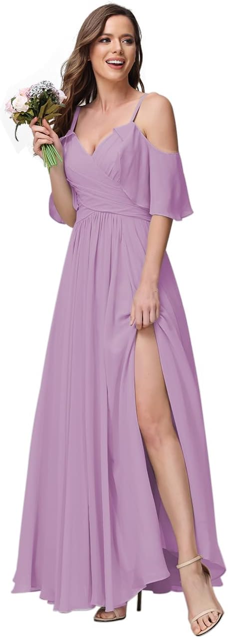 Women's Long Spaghetti Straps Bridesmaid Dress with Slit Off Shoulder Chiffon Formal Party Gowns