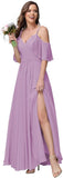 Women's Long Spaghetti Straps Bridesmaid Dress with Slit Off Shoulder Chiffon Formal Party Gowns