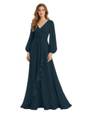Women's Chiffon Bridesmaid Dresses Long Sleeve Ruffles V-Neck Pleated Formal Wedding Guest Dresses Mother of the bride Dress