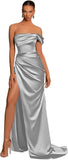 One Shoulder Mermaid Bridesmaid Dresses with Slit 2025 Pleats Satin Formal Evening Gowns for Women