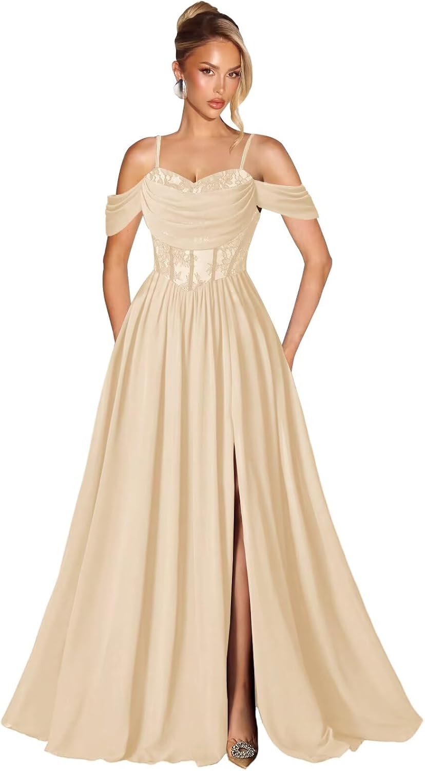 Off Shoulder Lace Applique Prom Dress with Slit A Line Ball Gown Pleated Corset Long Formal Evening Dresses