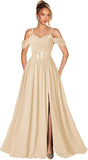 Off Shoulder Lace Applique Prom Dress with Slit A Line Ball Gown Pleated Corset Long Formal Evening Dresses