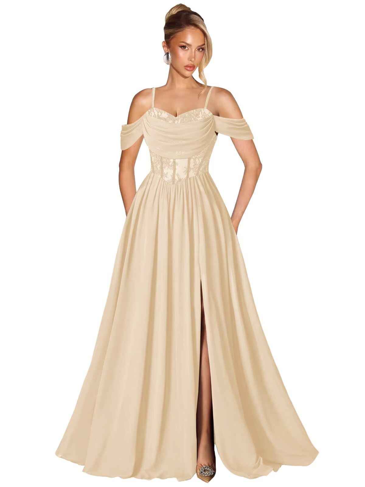 Off Shoulder Lace Applique Prom Dress with Slit A Line Ball Gown Pleated Corset Long Formal Evening Dresses