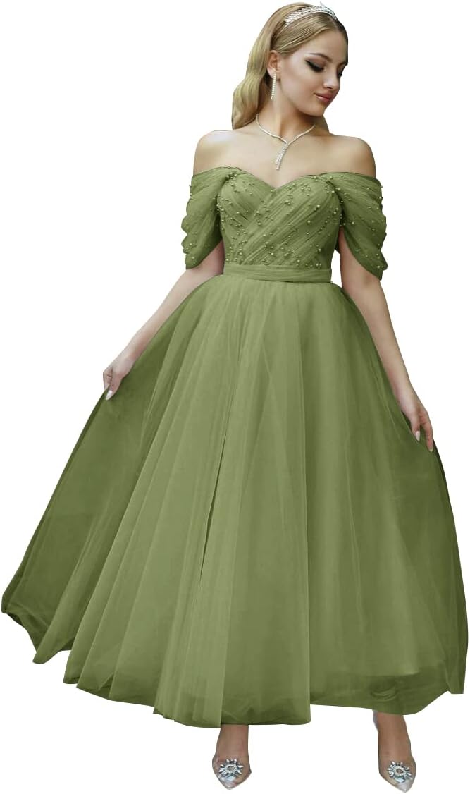 Tulle Tea Length Prom Dresses for Women Off The Shoulder Ball Gowns Teens Sweetheart Beaded Puffy Princess Dress