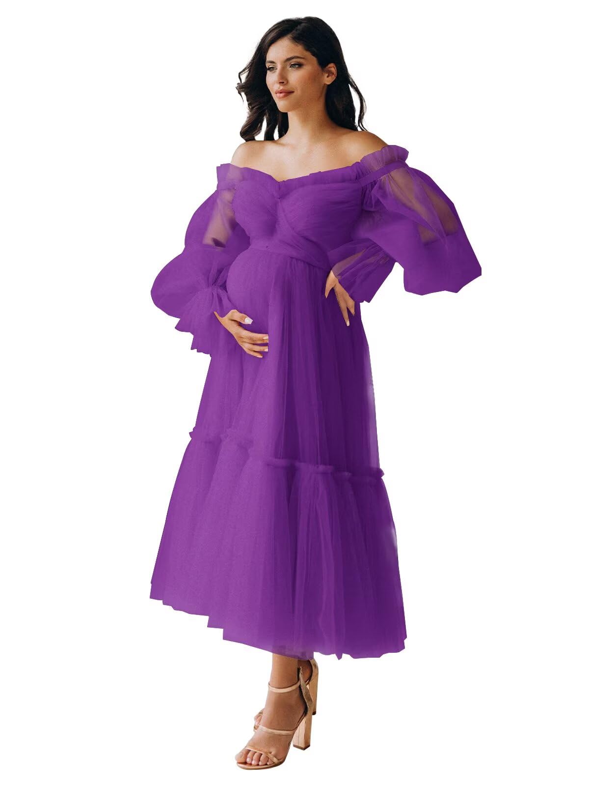 Eightale Tulle Tea Length Maternity Dresses for Photo Shoot Long Sleeve Pregnancy Gown for Baby Shower