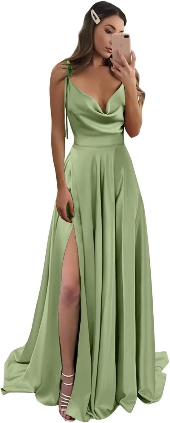 Vestidos de fiesta largos de satén con abertura alta para mujer, 2024, tirantes finos ajustables, vestidos de fiesta formales con bolsillos 