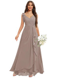 Chiffon Bridesmaid Dresses for Women Ruffles V Neck Flowy Long Formal Evening Dress with Bow