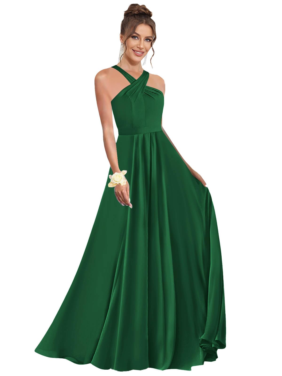 Halter Bridesmaid Dresses for Wedding Chiffon A Line Pleated Long Formal Prom Dress with Belt