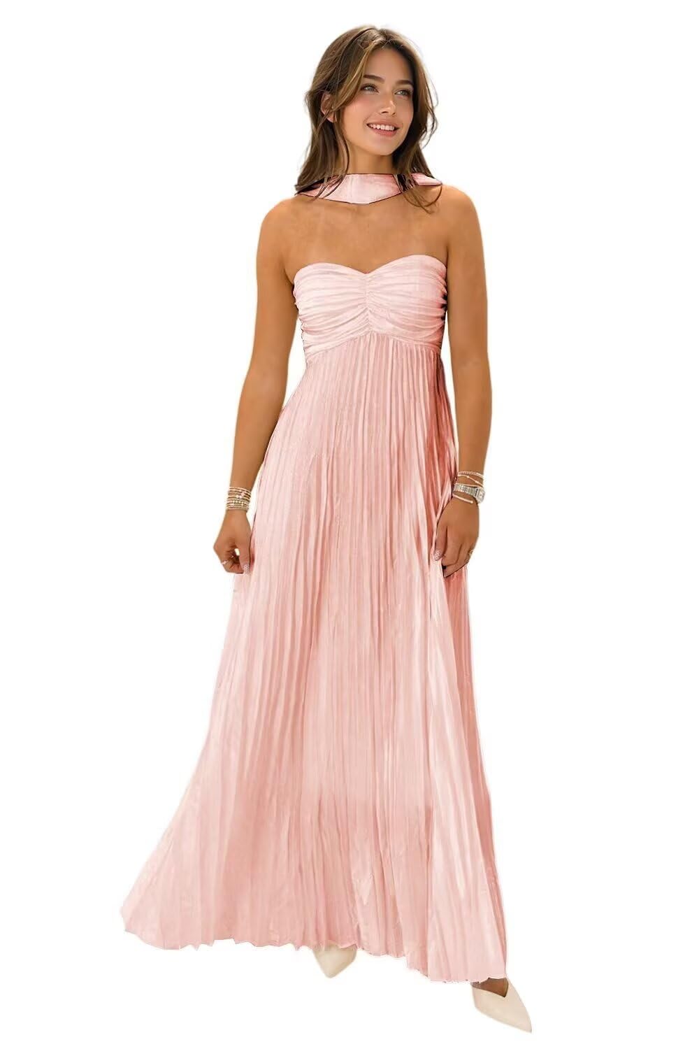Women's Strapless Chiffon Bridesmaid Dresses with Scarf Long A-Line Pleated Formal Evening Dress