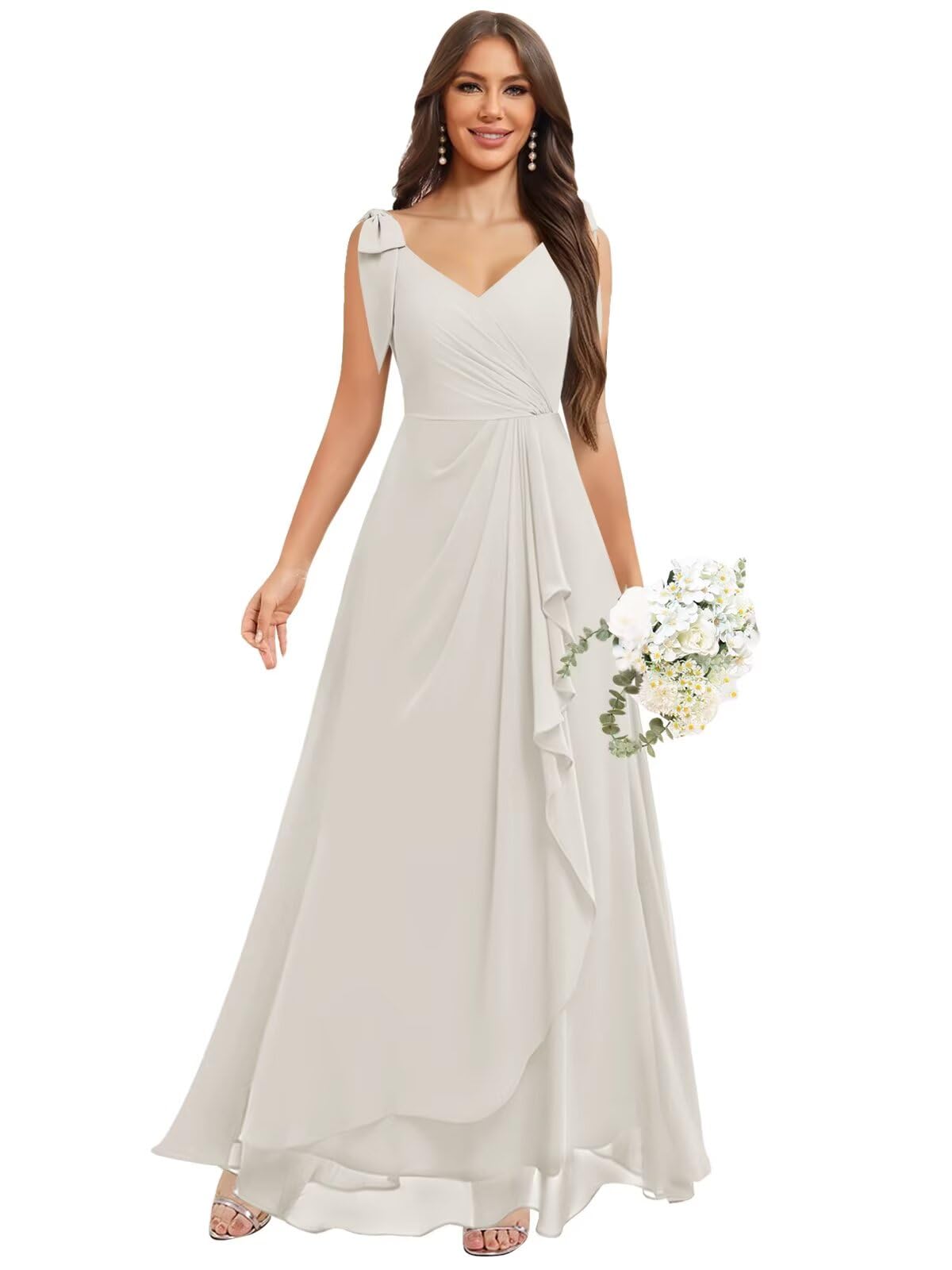 Chiffon Bridesmaid Dresses for Women Ruffles V Neck Flowy Long Formal Evening Dress with Bow