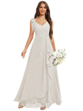 Chiffon Bridesmaid Dresses for Women Ruffles V Neck Flowy Long Formal Evening Dress with Bow