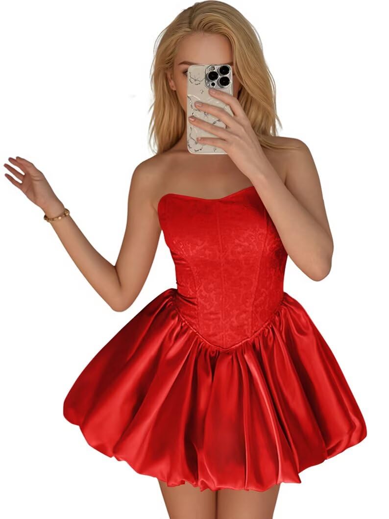 Strapless Satin Homecoming Dresses for Teens Jacquard Short Prom Dress A-line Cocktail Party Gowns with Pockets