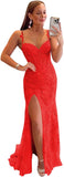 Women's Lace Mermaid Prom Dresses Long with Slit Mermaid Spaghetti Straps Backless Formal Evening Gowns