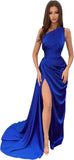 Vestidos de dama de honor largos con un hombro al descubierto y pliegues de satén estilo sirena para fiesta de boda formal 
