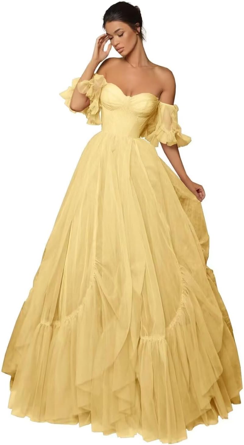 A-line Ruffled Short Sleeve Tulle Prom Dress for Women, Sweetheart Formal Gown Off The Shoulder Long Party Dress