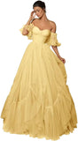 A-line Ruffled Short Sleeve Tulle Prom Dress for Women, Sweetheart Formal Gown Off The Shoulder Long Party Dress