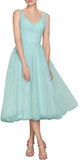 Tea Length A-Line V Neck Formal Evening Party Gowns for Women Sleeveless Puffy Midi Tulle Cocktail Prom Dress