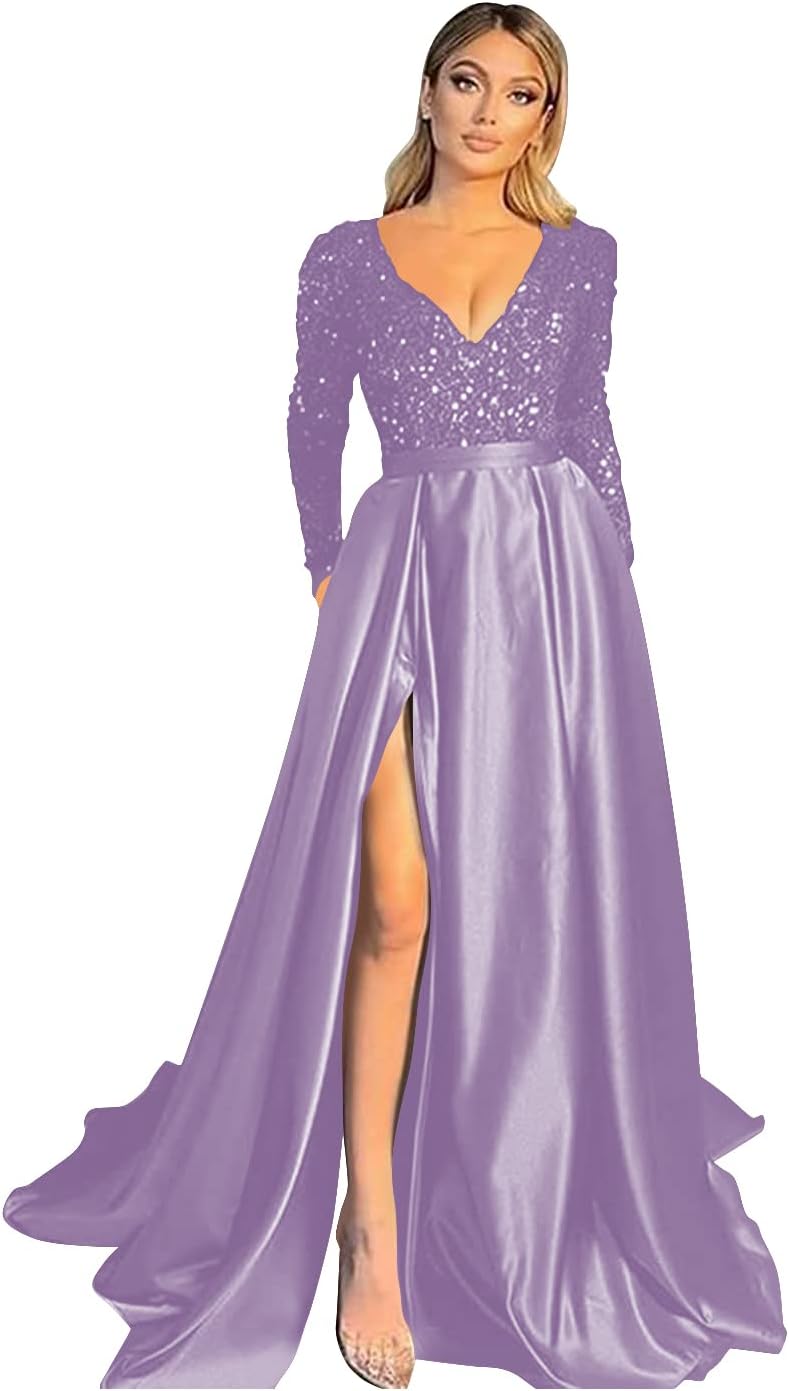 Vestido de fiesta de satén con lentejuelas brillantes para mujer, con bolsillos, manga larga y abertura. 