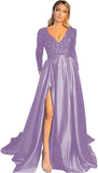 Vestido de fiesta de satén con lentejuelas brillantes para mujer, con bolsillos, manga larga y abertura. 