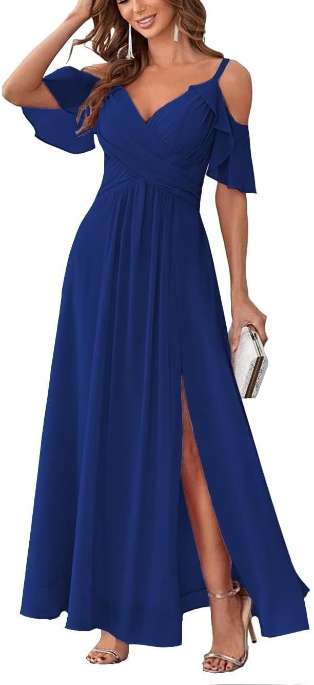 Women's Cold Shoulder Bridesmaid Dresses Long Summer Side Slit Chiffon Formal Evening Gown with Pockets