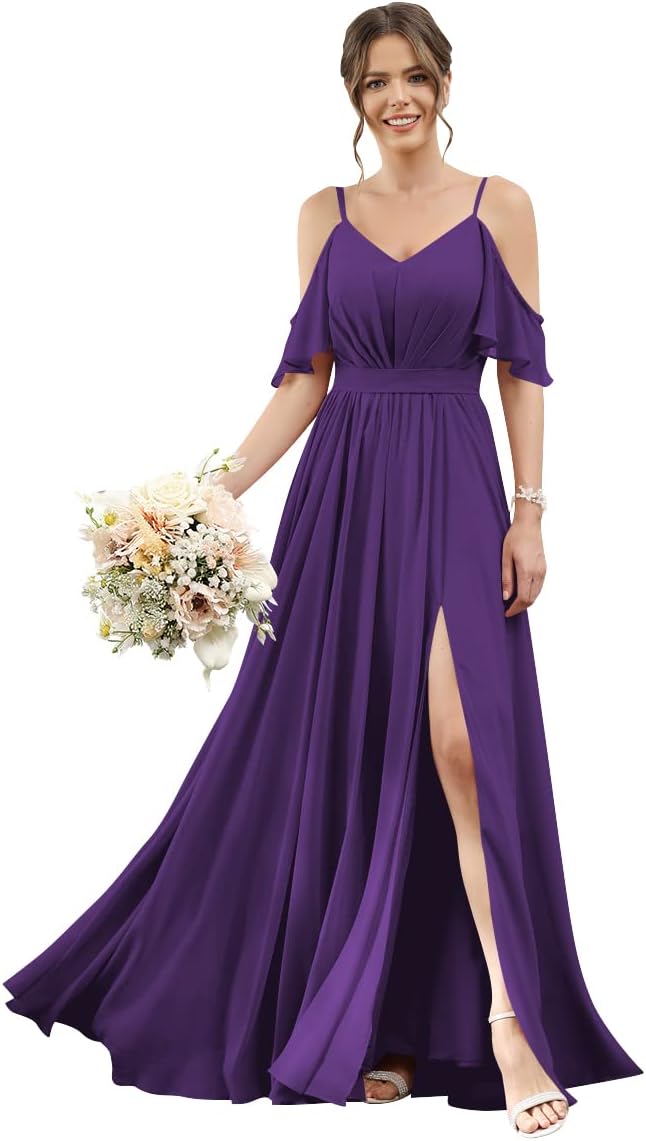 Women's Cold Shoulder Ruffle Sleeves Bridesmaid Dresses for Women 2025 Pleated Chiffon Formal Dresses with Slit