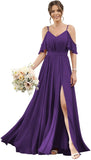 Women's Cold Shoulder Ruffle Sleeves Bridesmaid Dresses for Women 2025 Pleated Chiffon Formal Dresses with Slit