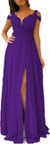 Women's Lace Appliques Prom Dresses Long with Slit Cold Shoulder Formal Party Gown