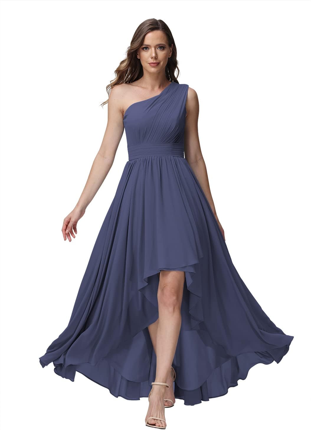 Vestido de dama de honor de un solo hombro para mujer, vestido formal de noche de gasa con bolsillos y corte alto bajo