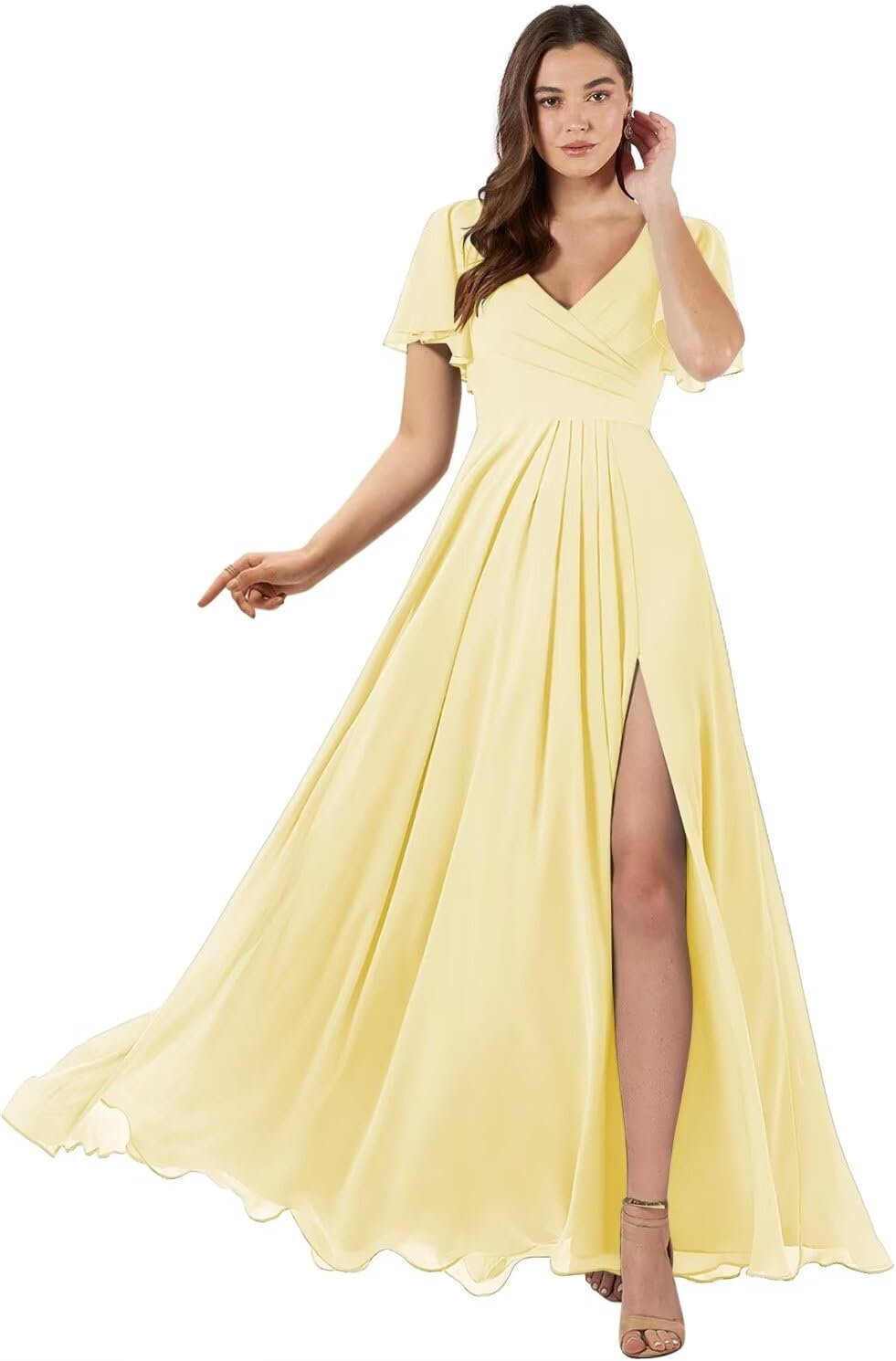 Damen Brautjungfernkleider mit Flatterärmeln, lang, mit Schlitz, V-Ausschnitt, Chiffon, formelle Kleider 