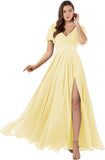 Damen Brautjungfernkleider mit Flatterärmeln, lang, mit Schlitz, V-Ausschnitt, Chiffon, formelle Kleider 