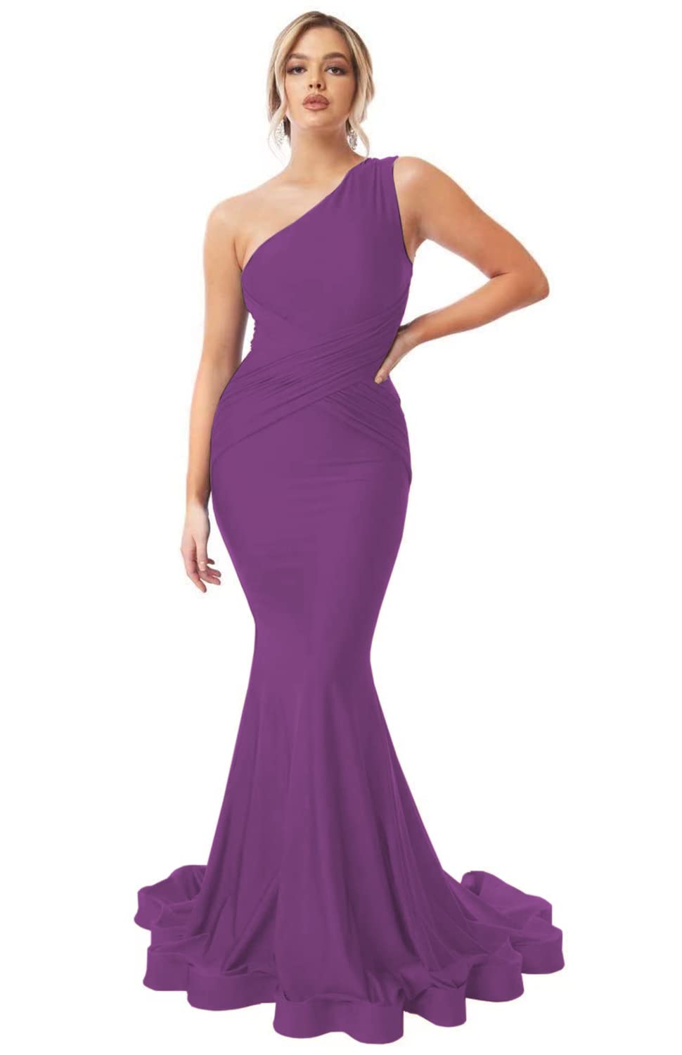 Womens One Shoulder Mermaid Bridesmaid Dresses for Wedding Long Tight Ruched Prom Dresses Evening Formal Gowns