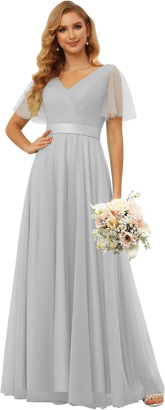 Damen Brautjungfernkleider mit Flatterärmeln, Tüll, lang, V-Ausschnitt, Empire-Taille, formelles Kleid 