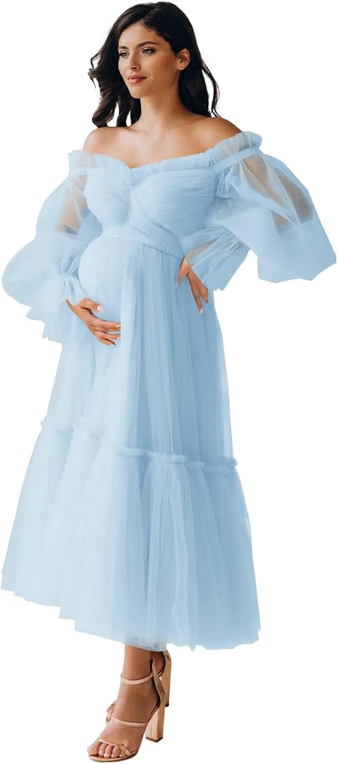 Tulle Tea Length Maternity Dresses for Photo Shoot Long Sleeve Pregnancy Gown for Baby Shower