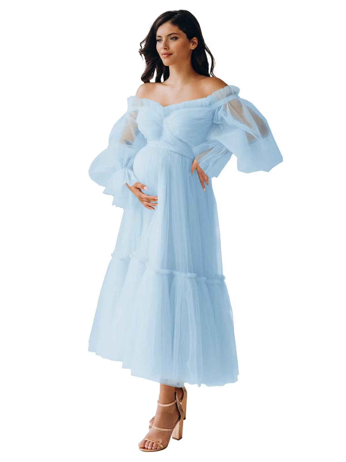 Eightale Tulle Tea Length Maternity Dresses for Photo Shoot Long Sleeve Pregnancy Gown for Baby Shower
