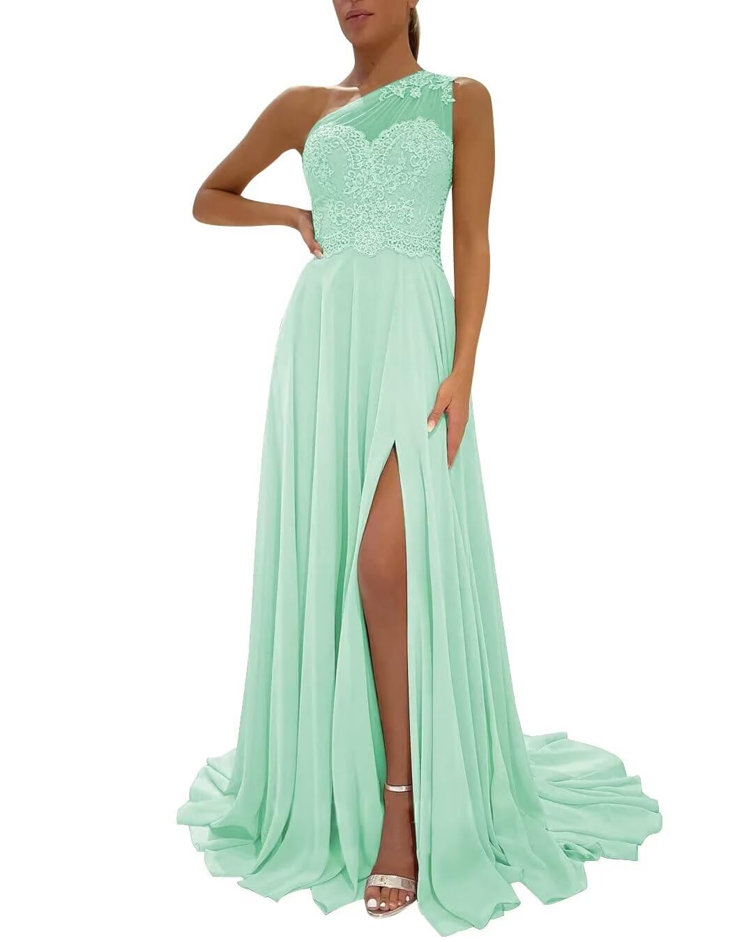 One Shoulder Chiffon Bridesmaid Dresses for Wedding 2026 Lace A-Line Slit Formal Evening Party Gown with Pockets