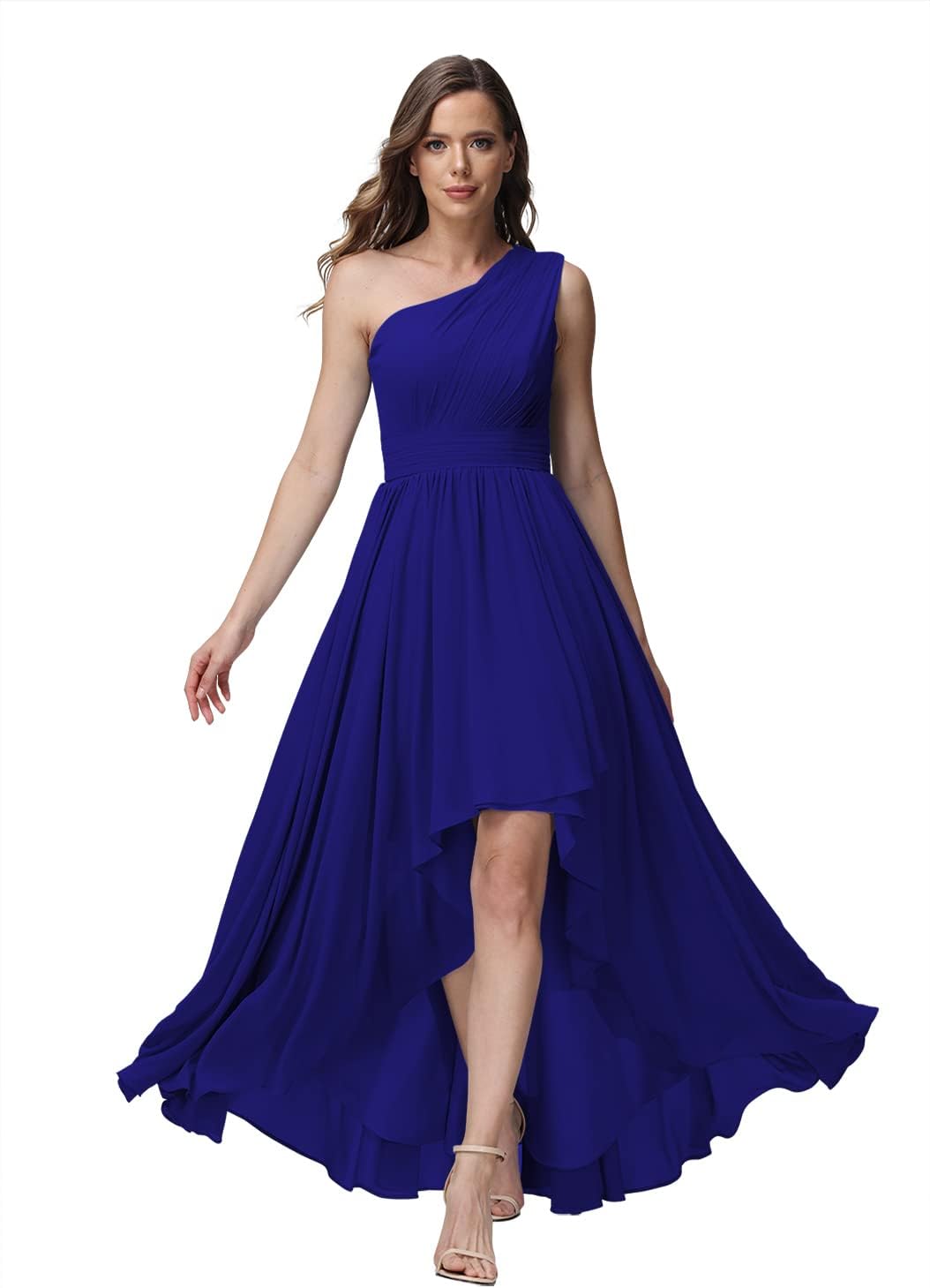 Vestido de dama de honor de un solo hombro para mujer, vestido formal de noche de gasa con bolsillos y corte alto bajo