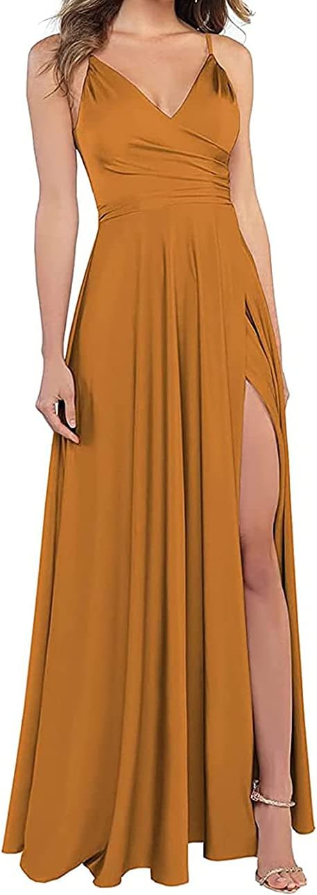 Lange Brautjungfernkleider für Frauen, formelle Satin-Spaghettiträger, Abschlussball- und Abendkleider 
