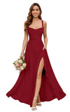 Chiffon Bridesmaid Dresses for Women Long Spaghetti Straps A-line Pleated Formal Evening Party Gowns with Pockets
